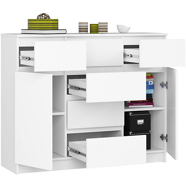 Commode AKORD K017 Blanche 120 cm 2 portes 6 tiroirs façade Blanche 4 étagères 120x40x99 cm