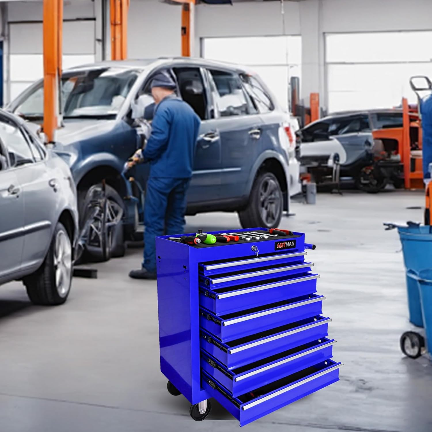7 Drawers Rolling Tool Cart on Wheels, Multifunctional Organizer Tool Chest Tool Case, Trolley Tool Storage Tool Box for Workshop,Garage,Repair Shop (7 Drawers 24.2 W×12.9 D×29.9 H-Blue)