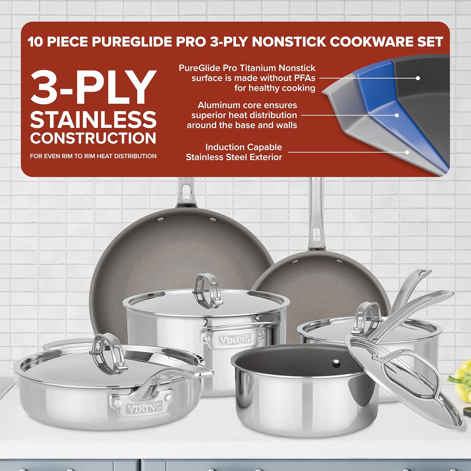Viking PureGlide Pro 3-Ply Nonstick Cookware Set, Made without PFAS, 10-Piece Induction Pots and Pans Set, Metal Utensil Safe Titanium Nonstick Surface, Oven Safe to 600F