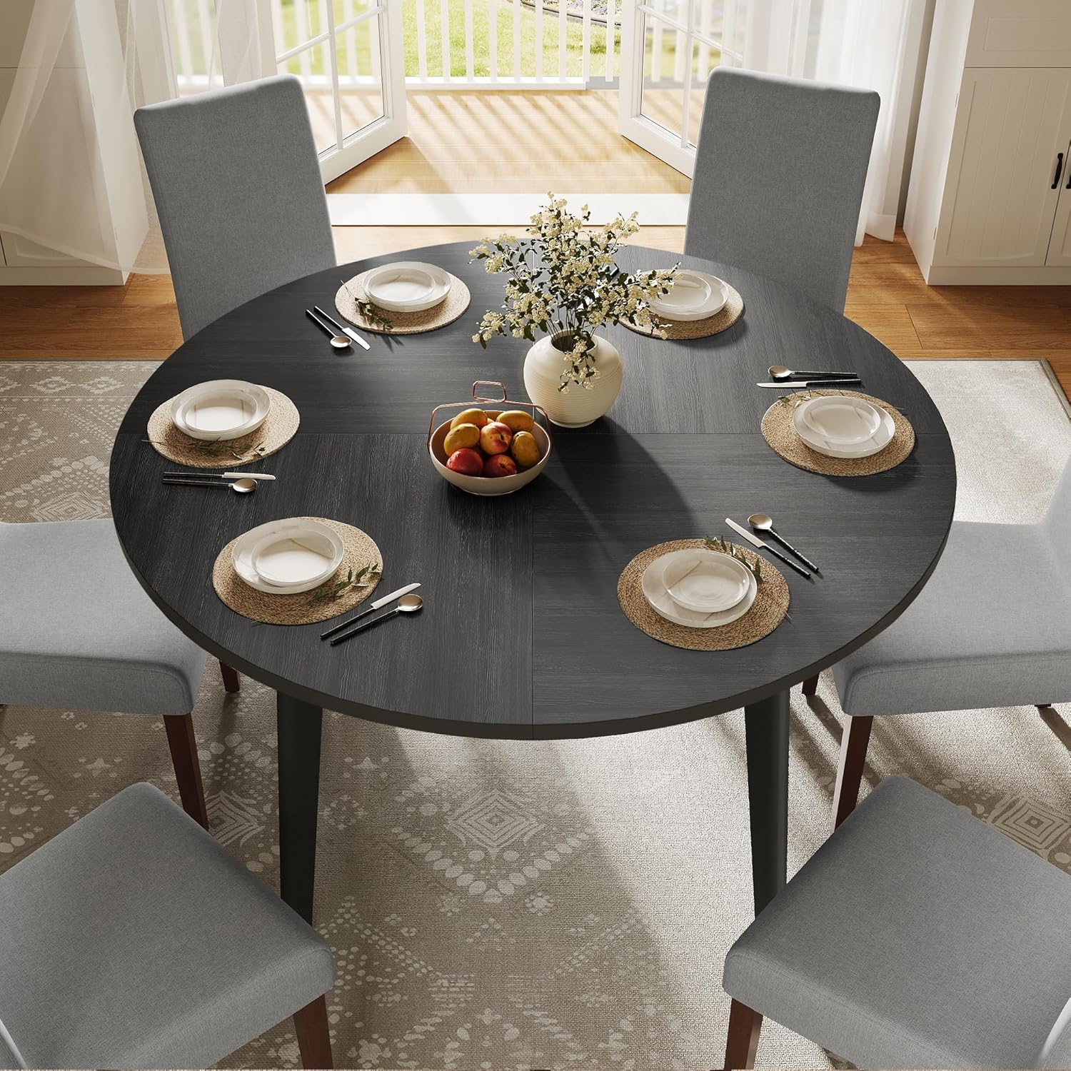 VASAGLE MAEZO Collection - Round Dining Table for 4-6 People, 47.2 Inches Circle Kitchen Table with Tapered Legs, Curved Transitions, for Dining Room, Kitchen, Charcoal Gray UKDT091BA01S