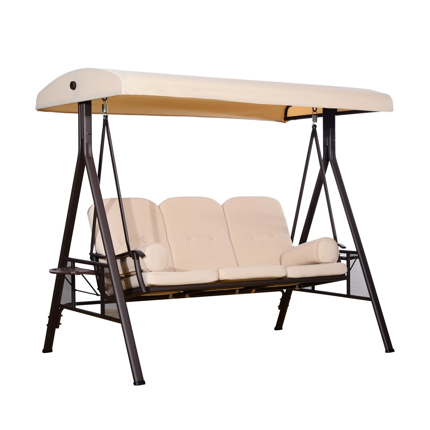 Outsunny Outdoor Patio 3-Person Canopy Cushioned Seat Bench Swing with Included Side Trays & Padded Comfort