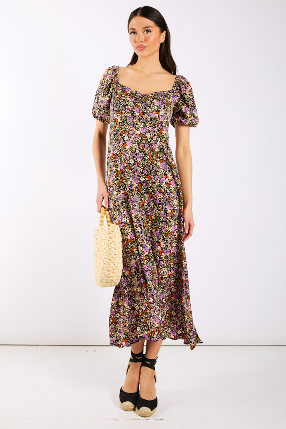 Needs No Label Purple Floral Sweetheart Neck Midi Dress
