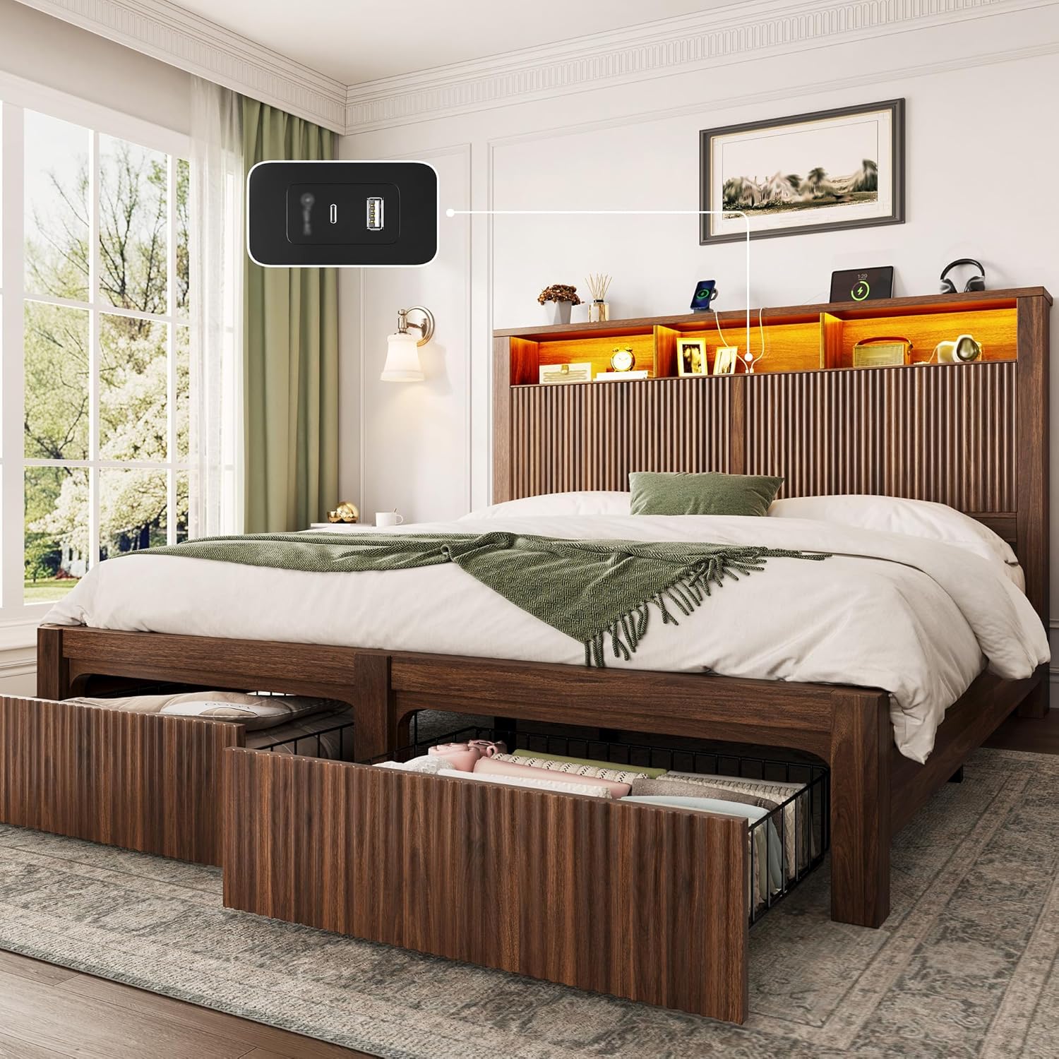 CypBed Queen Size Bed Frame with Headboard and Storage Drawers, Queen Bed Frame with LED Light and Charging Port, Farmhouse Wavy Wood Design, Wood & Metal Platform, Noise-Free, No Box Spring Needed