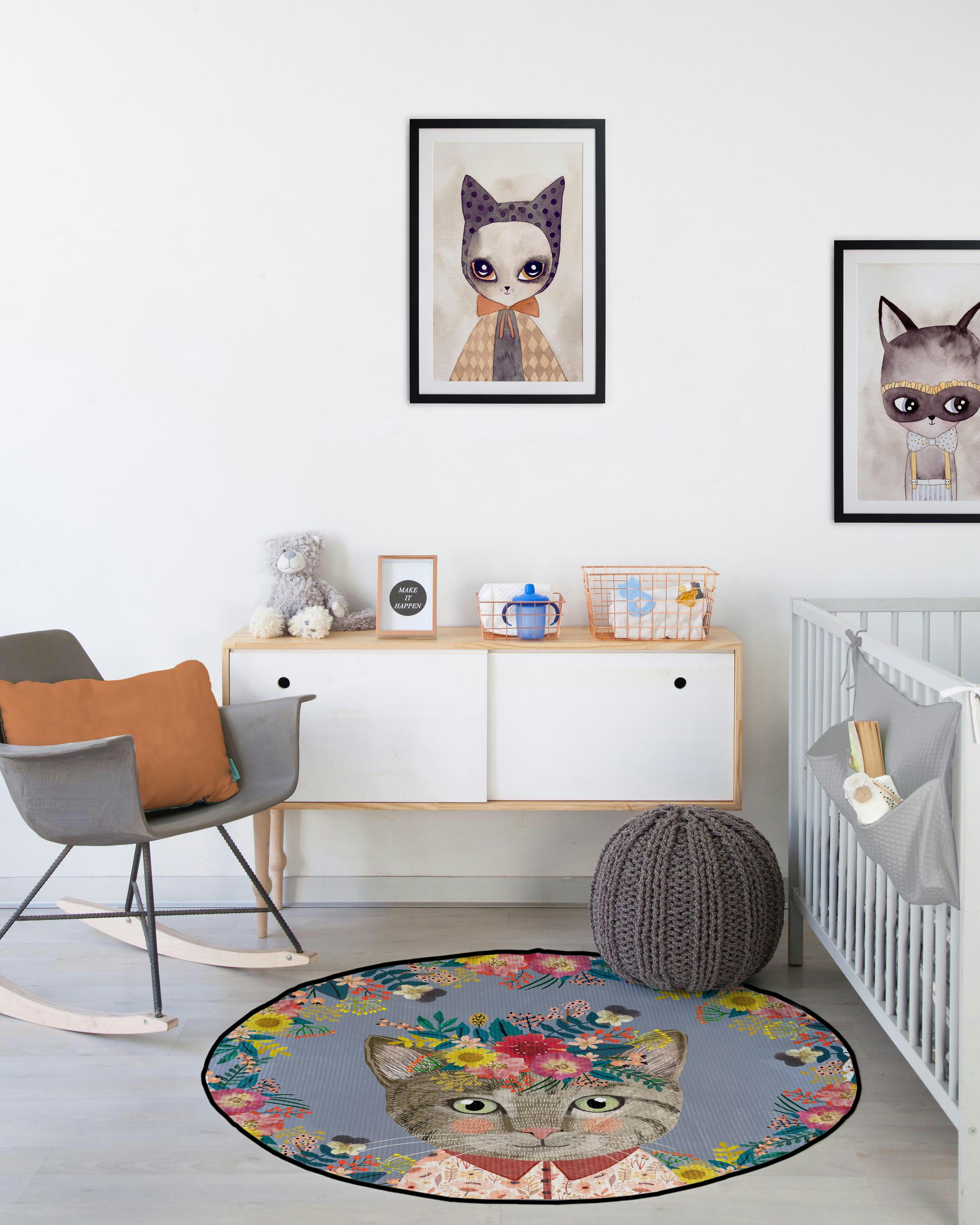FLORAL CAT - Tapis enfants circulaire en piqué à imprimé chat floral