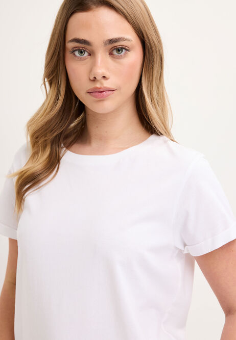 Womens White Plain Roll Sleeve T-shirt