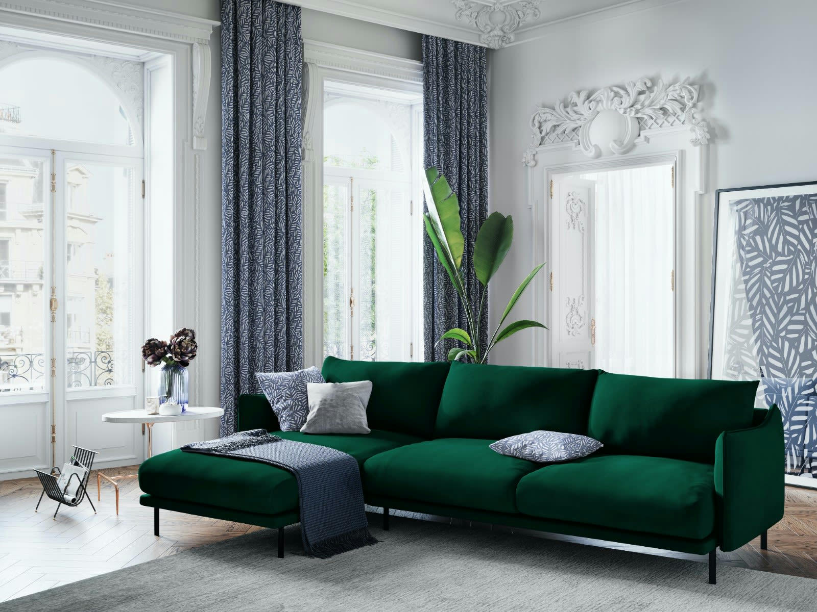 PARIS - Canapé D'Angle Gauche 5 places en Velours Vert Bouteille