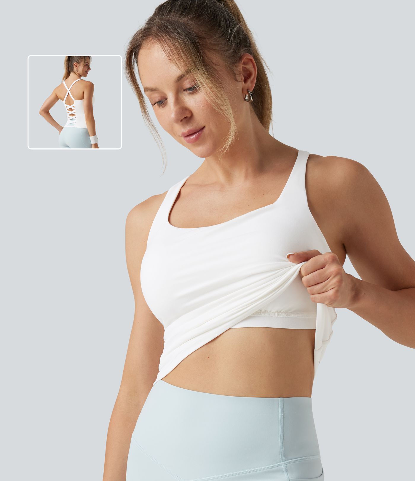 Débardeur de running à encolure en U, dos nu et bretelles croisées avec coussinets amovibles, bonnets E à G