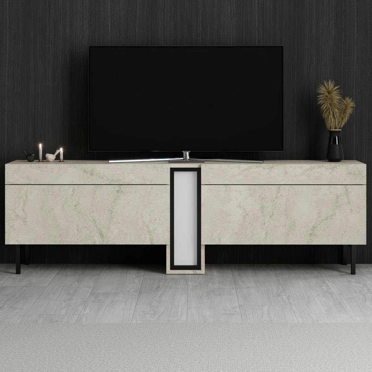 Meuble TV 2 portes décor travertin à colonne LED AURA