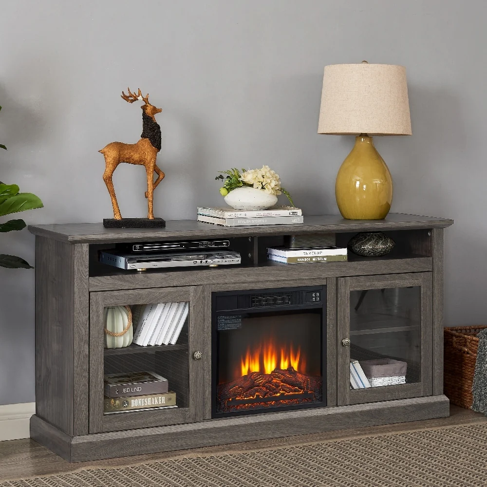 Black + Dark Walnut 60 Fireplace TV Stand with Glass Doors & Storage for TVs Up to 65