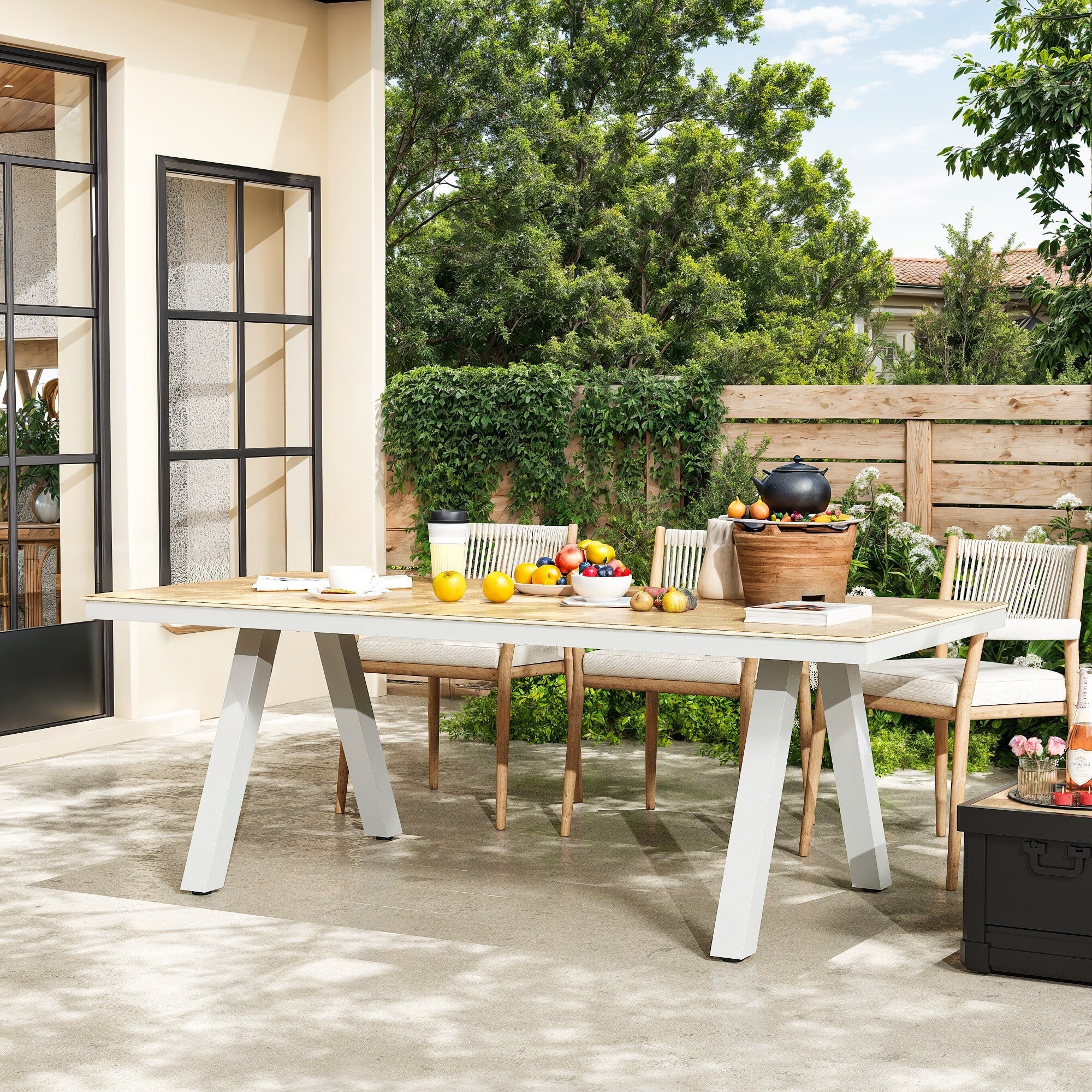 Outdoor Dining Table with Wood Grain Top and Gray Legs Weather-Resistant Patio Table