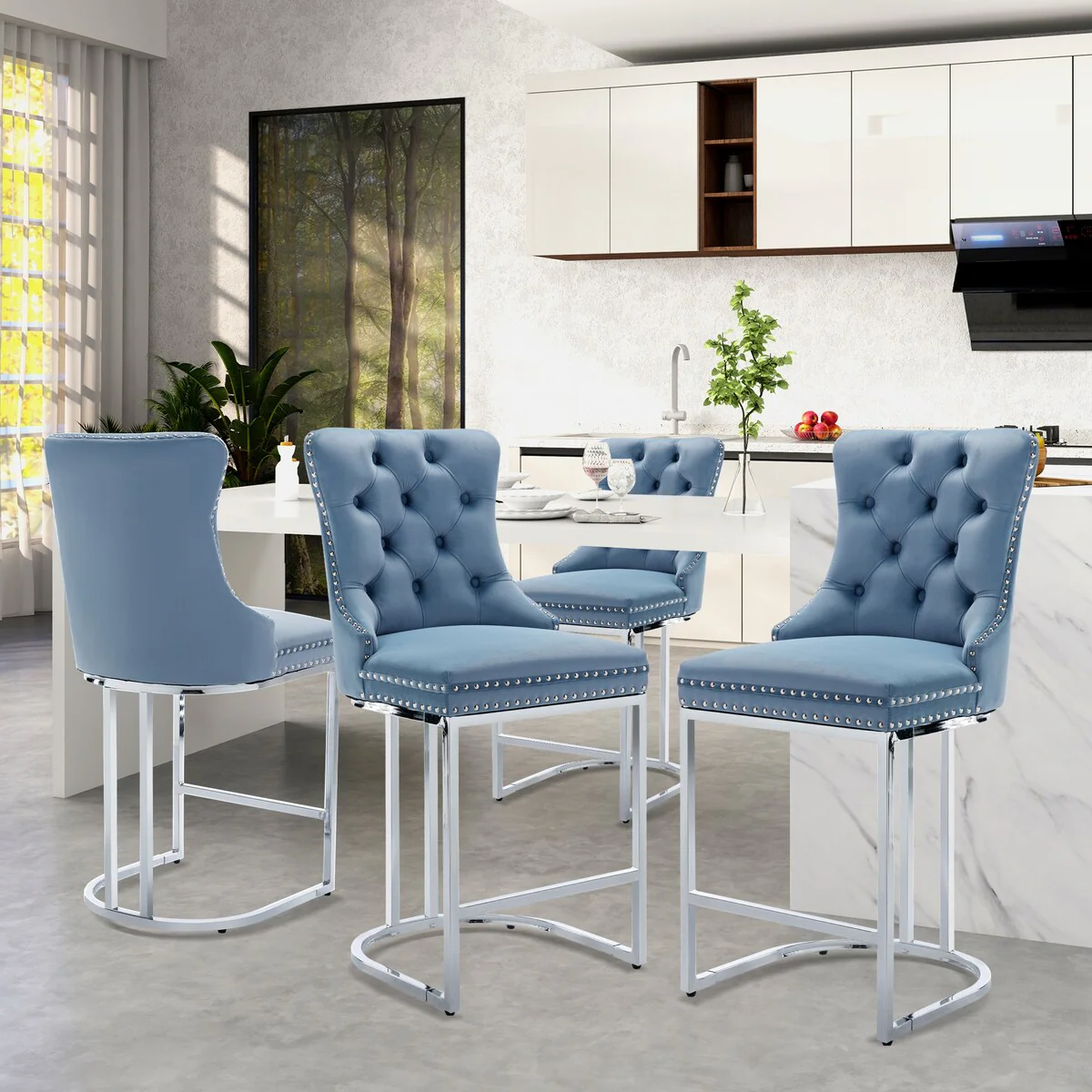 Modern Velvet Upholstered Barstools with Metal Base Leg