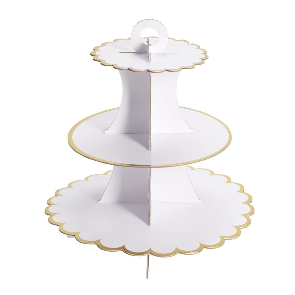 Présentoir à gâteau carton blanc rebord doré Ø30xH32,5cm