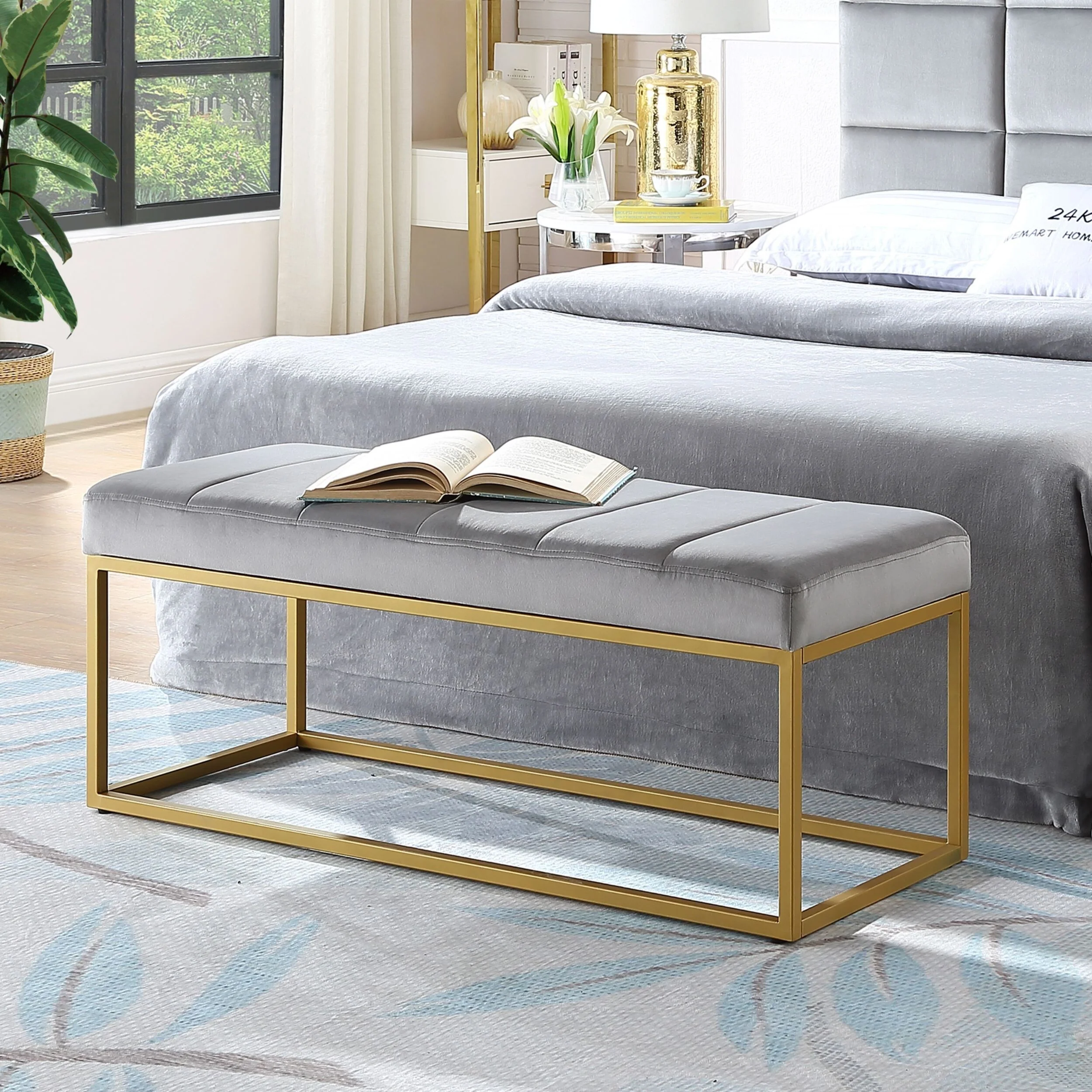Velvet Upholstered Bed End Bench with Metal Frame