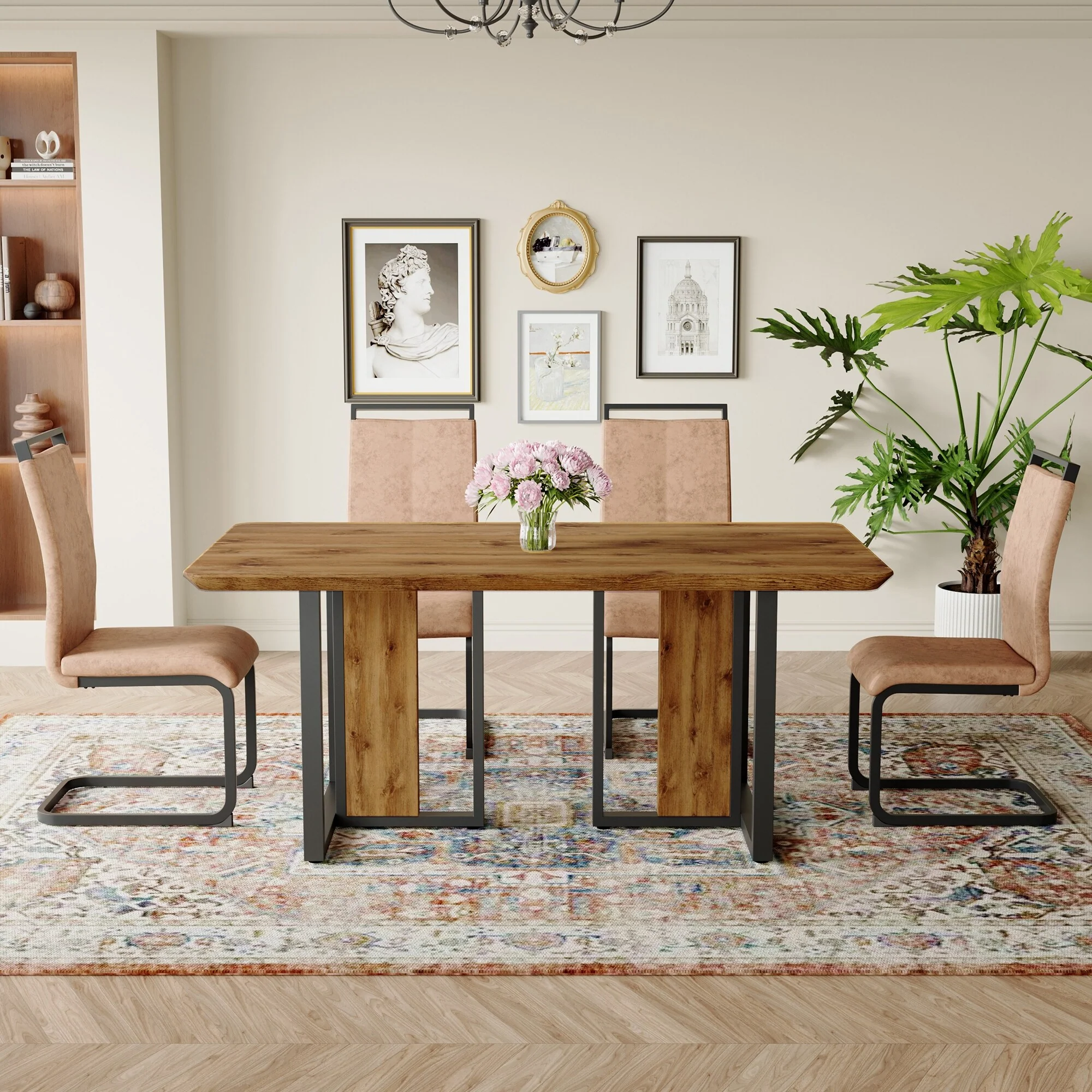 5-Piece Wooden Dining Table Set for 4 Person, Vintage Table Set with Rectangular Table and 4 Upholstered Chair for Kitchen