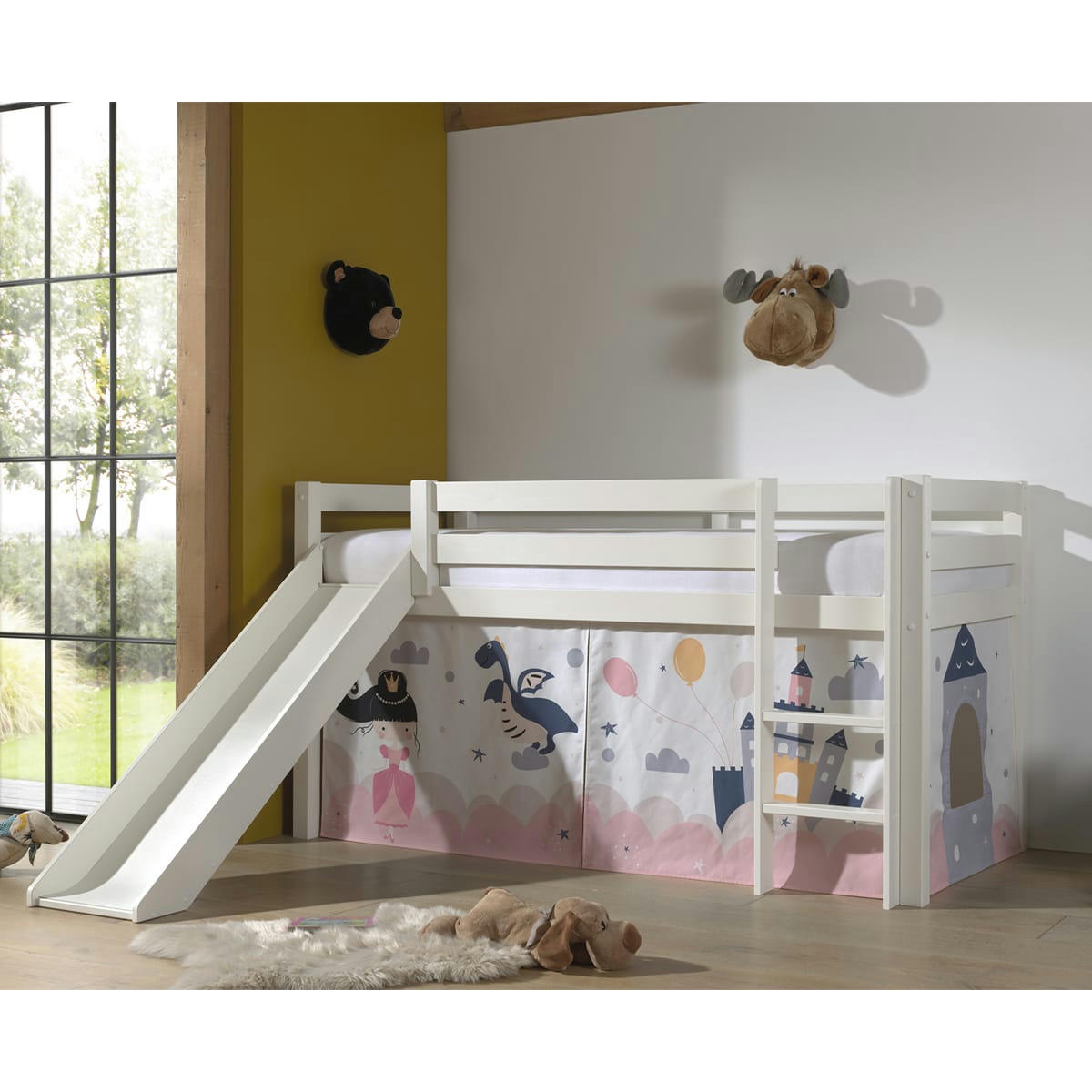 PINO - Lit mi-hauteur 90x200 toboggan sommier inclus housse fairy blanc