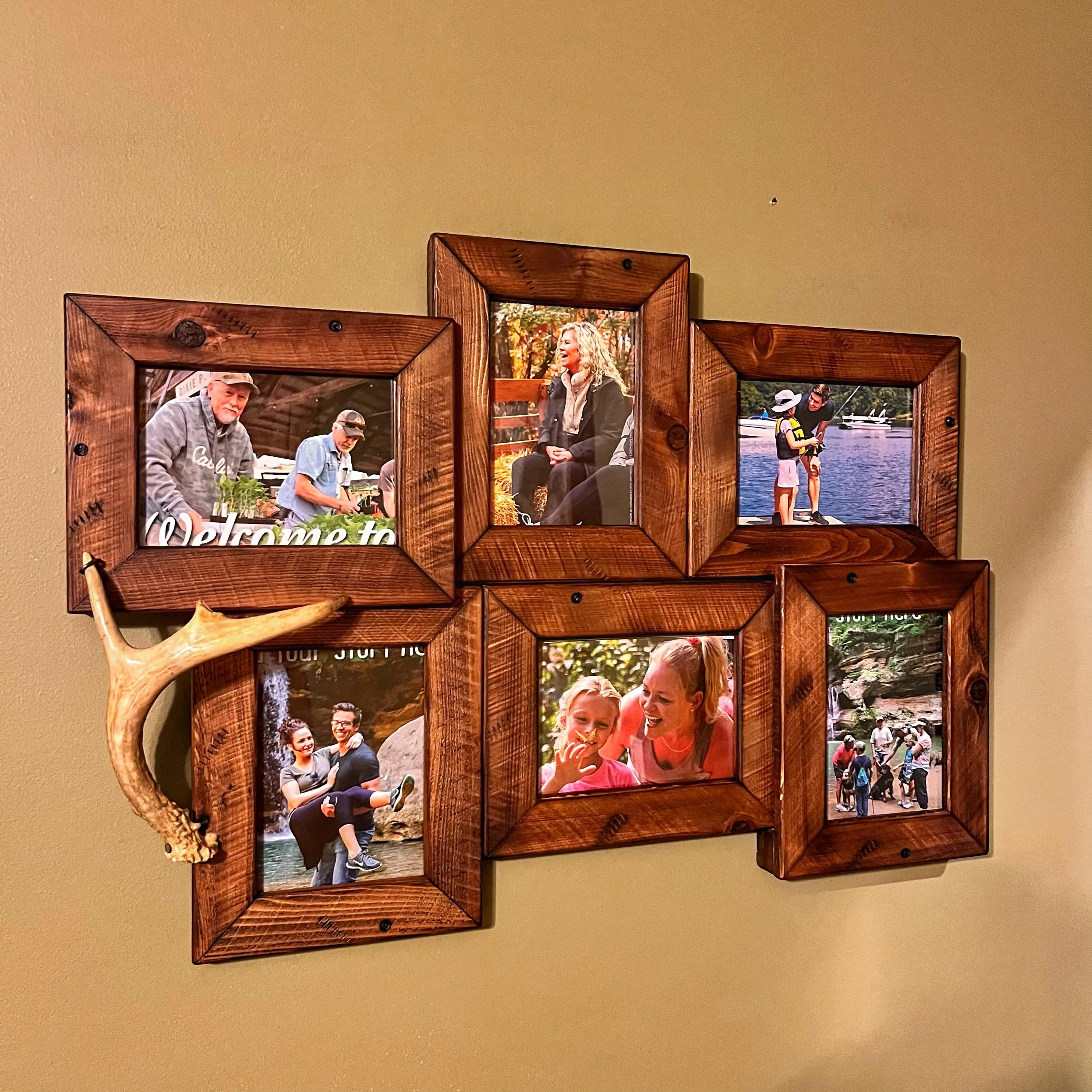 Rustic Wood Collage Picture Frame with Deer Antler, Western Decor