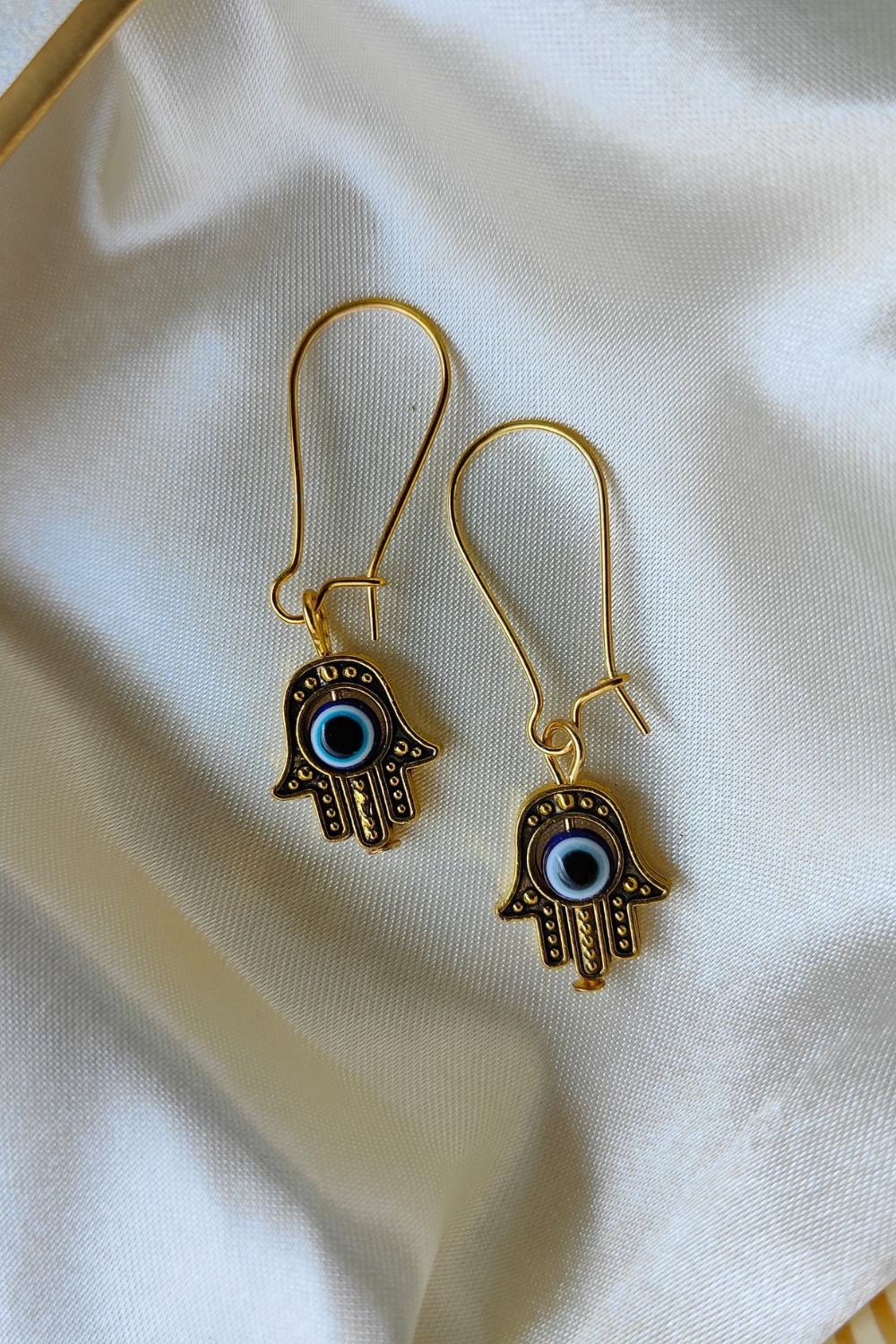 The Colourful Aura Long Silver Evil Eye Fatima Hand Hamsa Earrings