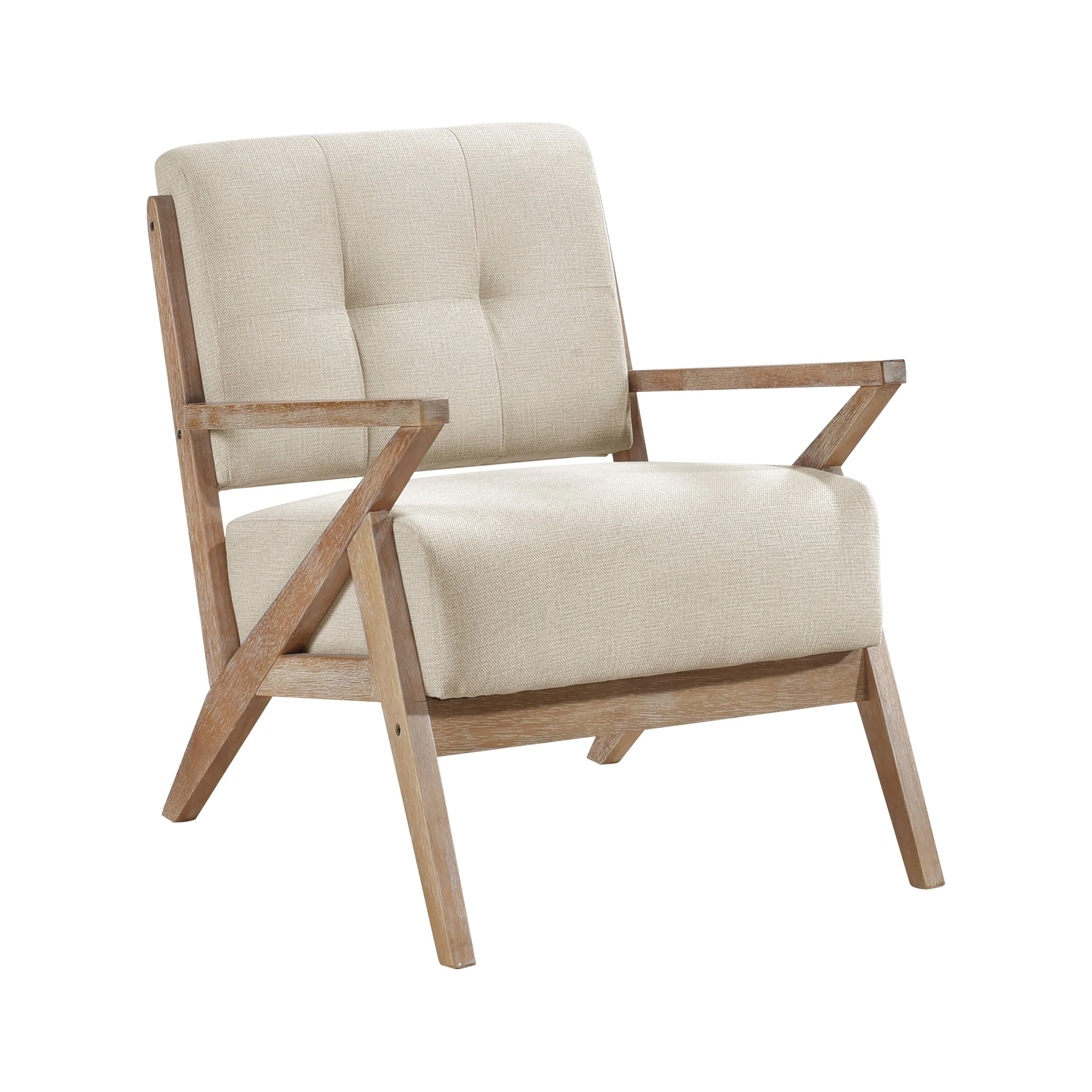 Edra 33 Inch Accent Armchair, Rubberwood Frame, Cushioned Beige Polyester