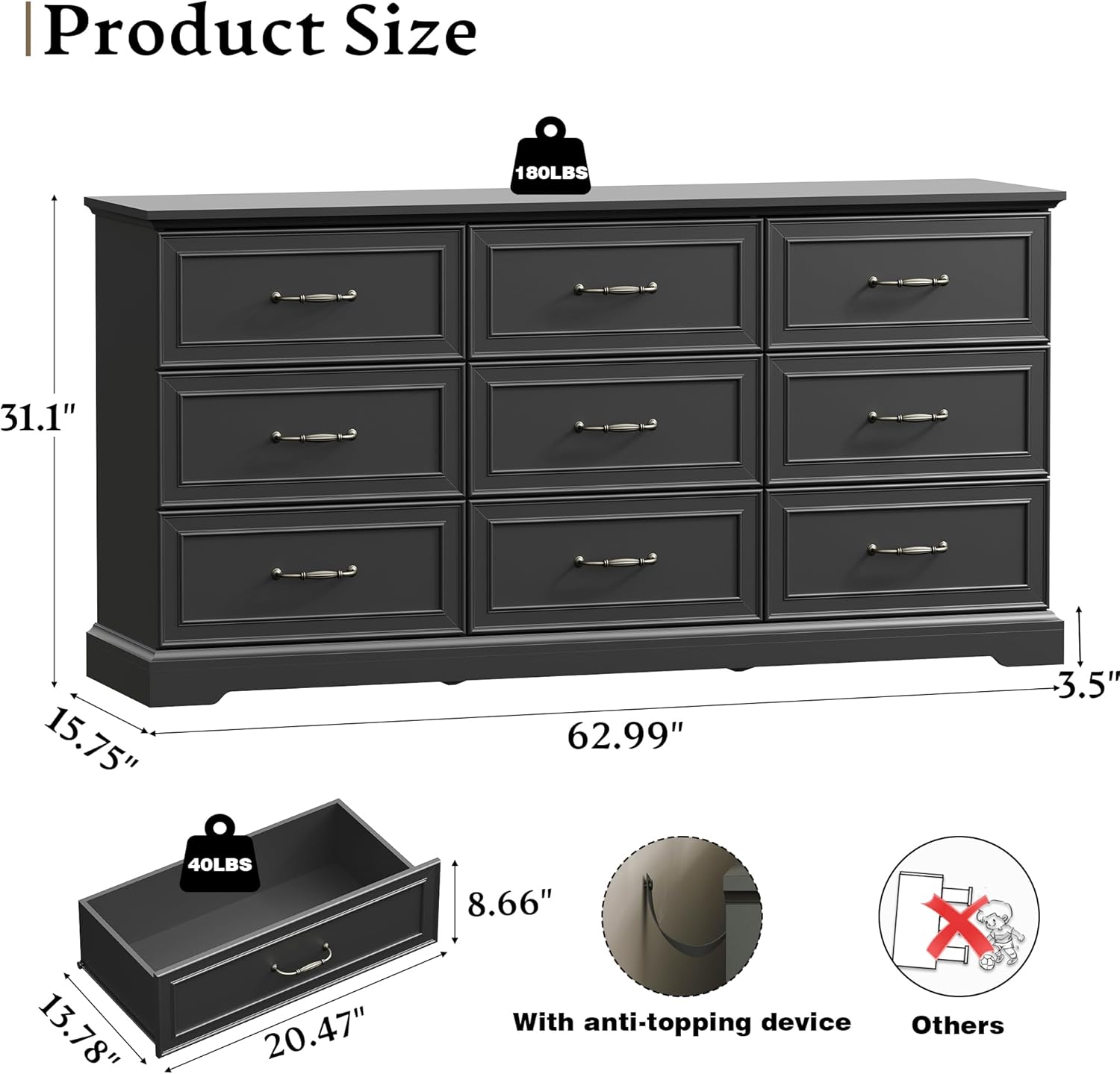 Farmhouse 9 Drawers Dresser for Bedroom, 63 Wide Modern Chest of Drawers with Deep Drawers & Bar Handles, Rustic Wood Dresser TV Stand, Wooden Closet Storage Organizer for Living Room, Hallway, Black