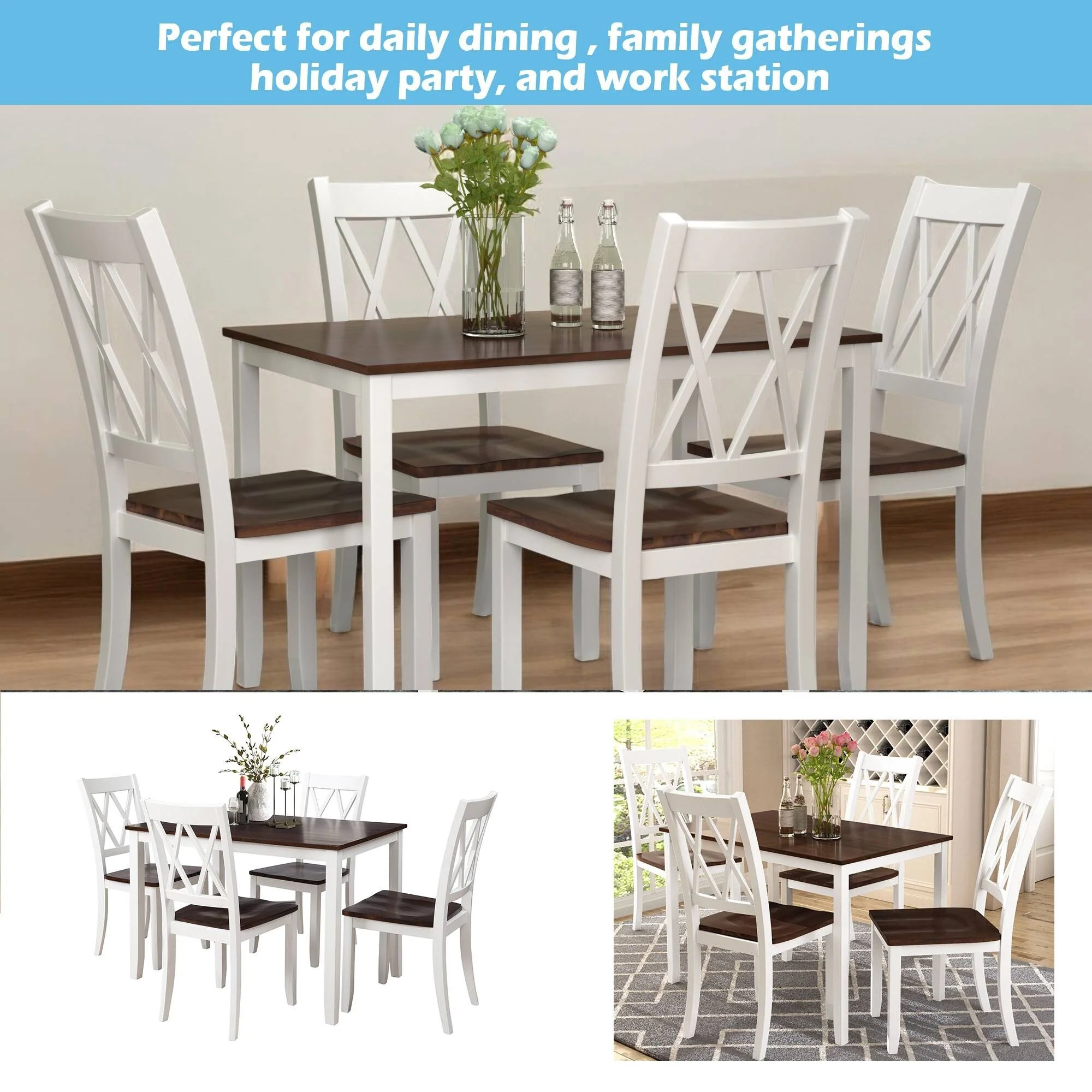 5-Piece Solid Wood Farmhouse Dining Set with Ergonomic Chairs and Waterproof Acacia Top for Dining Room and Kitchen