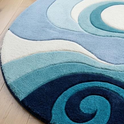 Blue Abstract Wave Rug, Round Ocean Area Rug, Modern Coastal Home Decor