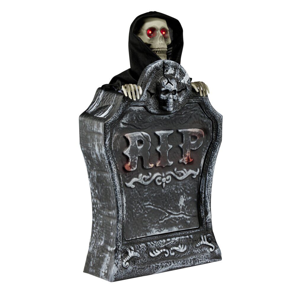 Décoration Halloween pierre tombale squelette son et lumière plastique noir H39cm