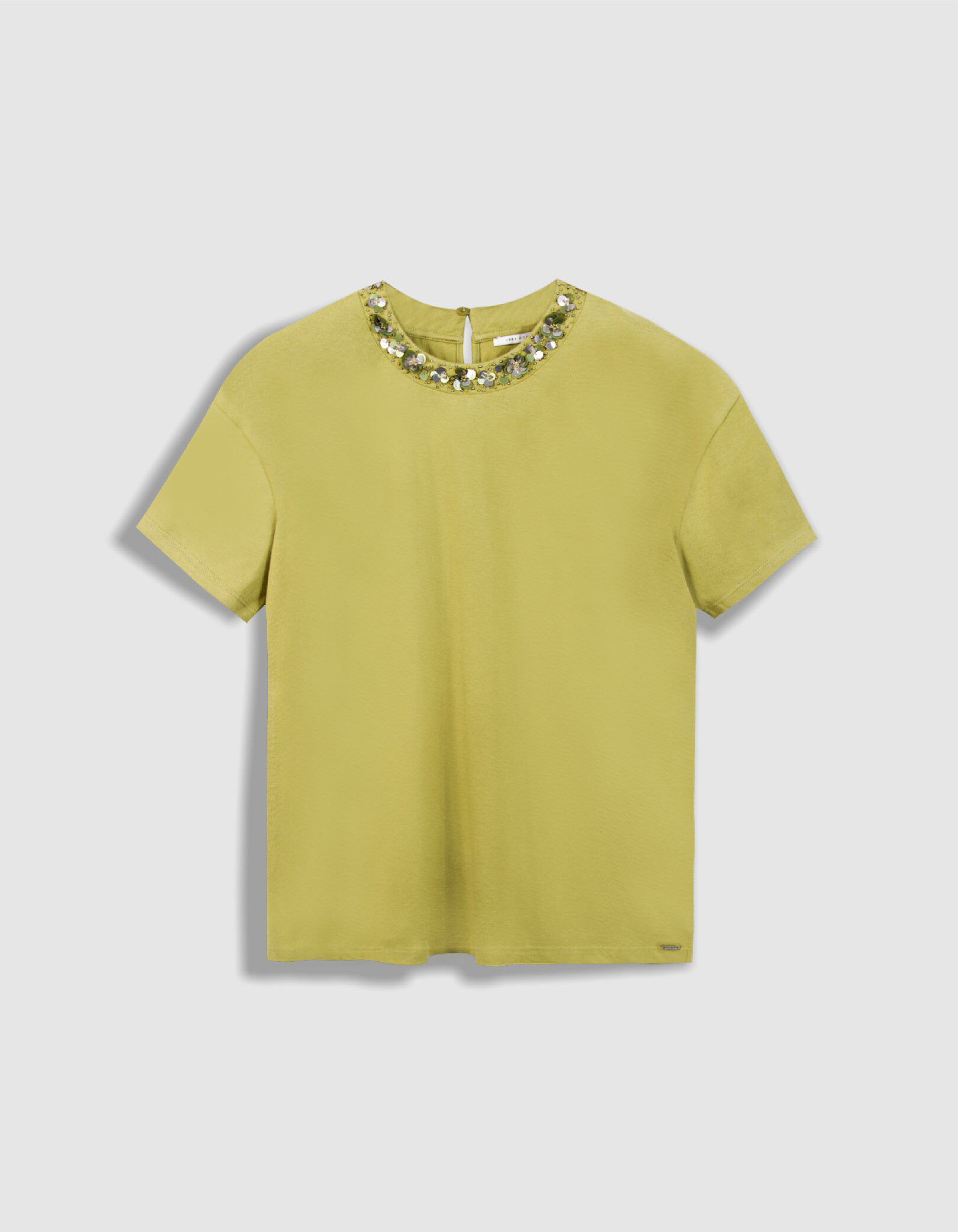 Tee-shirt manches courtes vert col bijou Femme