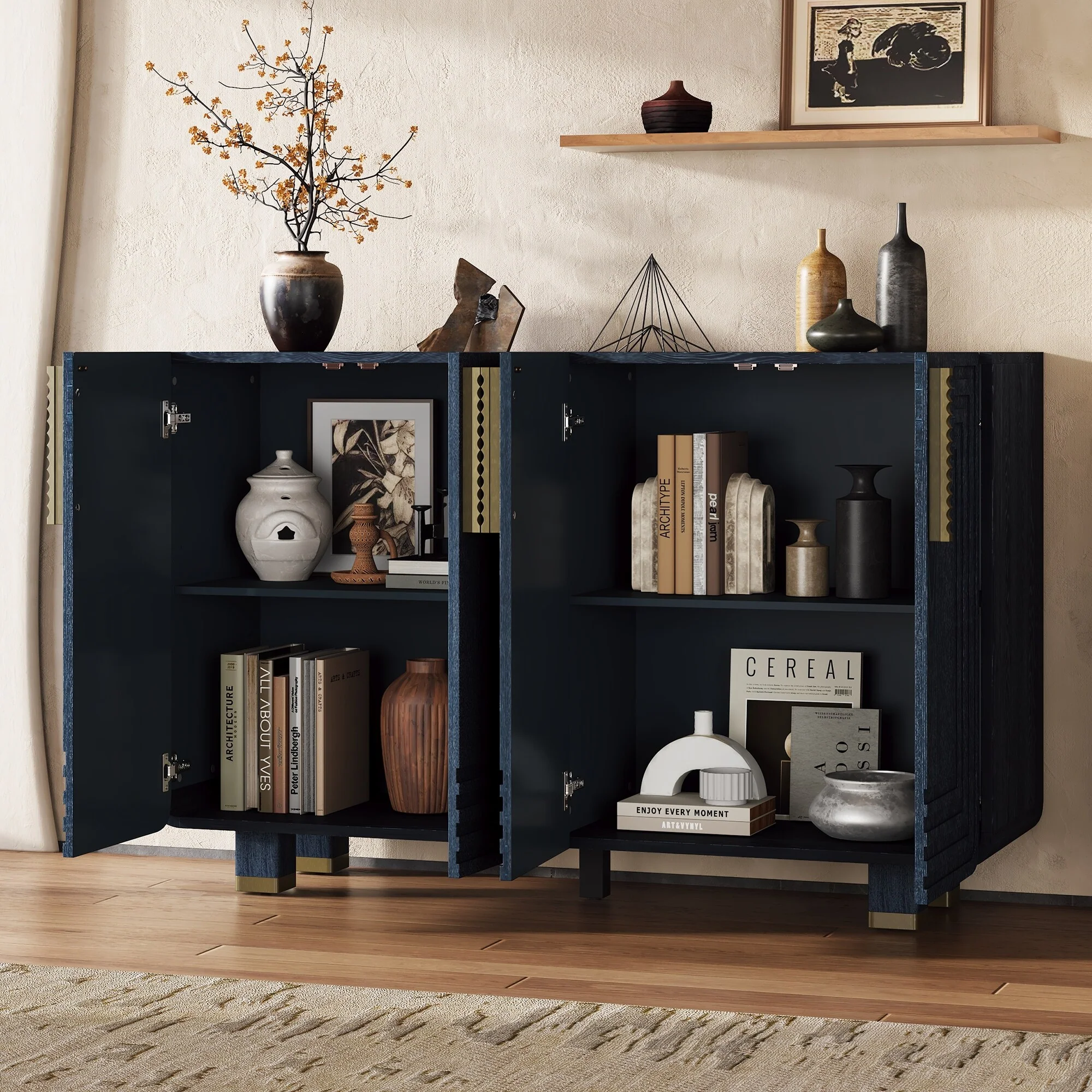 Vintage Fluted Sideboard Storage Cabinet with Adjustable Shelves, 54 Buffet Cabinet Entryway Accent Cabinet for Dining Room