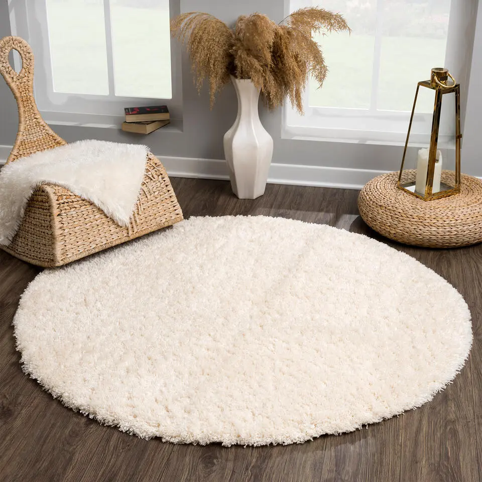Porto Rond Soft Fluffy Vloerkleed Hoogpolig Effen Creme - 120 CM ROND