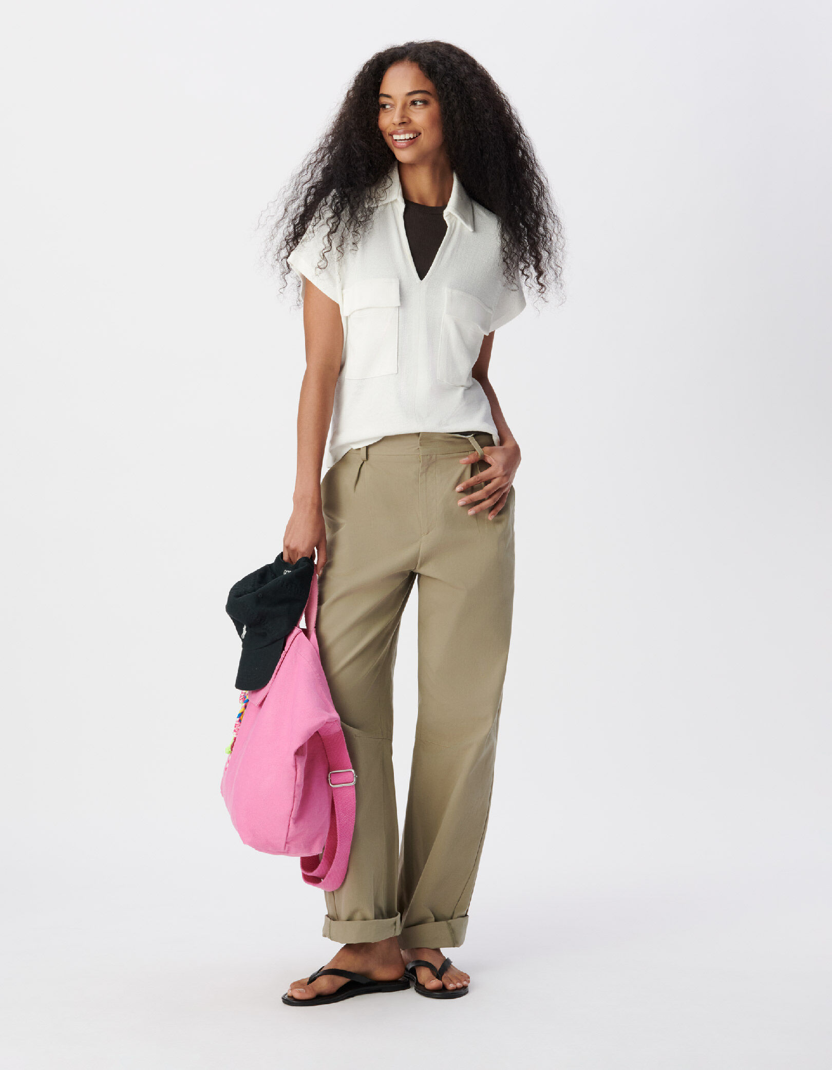 Tee-shirt col polo blanc éponge poches plaquées Femme
