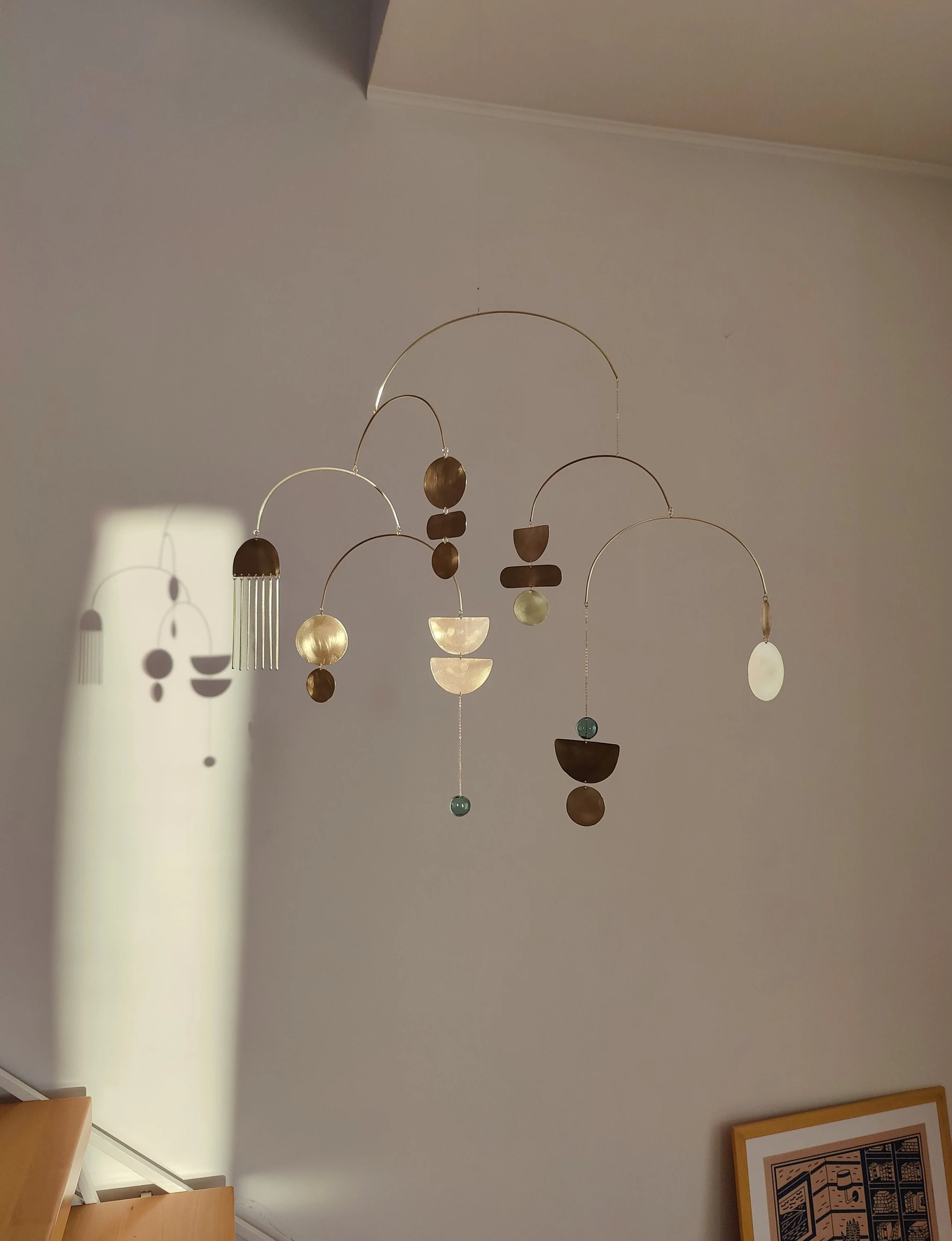 Brass kinetic mobile. Modern hanging art sculpture. Mid-century decor. Glass suncatcher