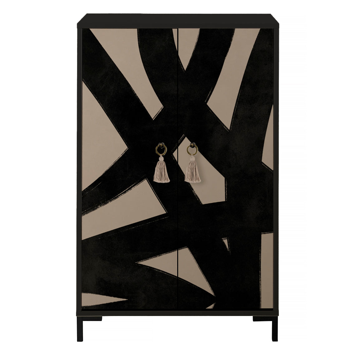 Dressoir van MDF met 2 decoratieve deuren, grafisch zwart-taupe motief