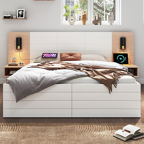 Lit double 140x200cm en bois - avec 2 chevets et 2 tiroirs - 2 liseuses avec prise USB - Blanc   Naturel (matelas non inclus)