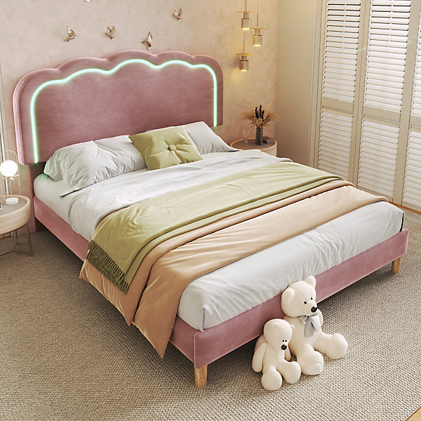 Lit double 140x200 cm - Lit capitonné avec tête de lit LED réglable - Sans Matelas - Velours - Rose