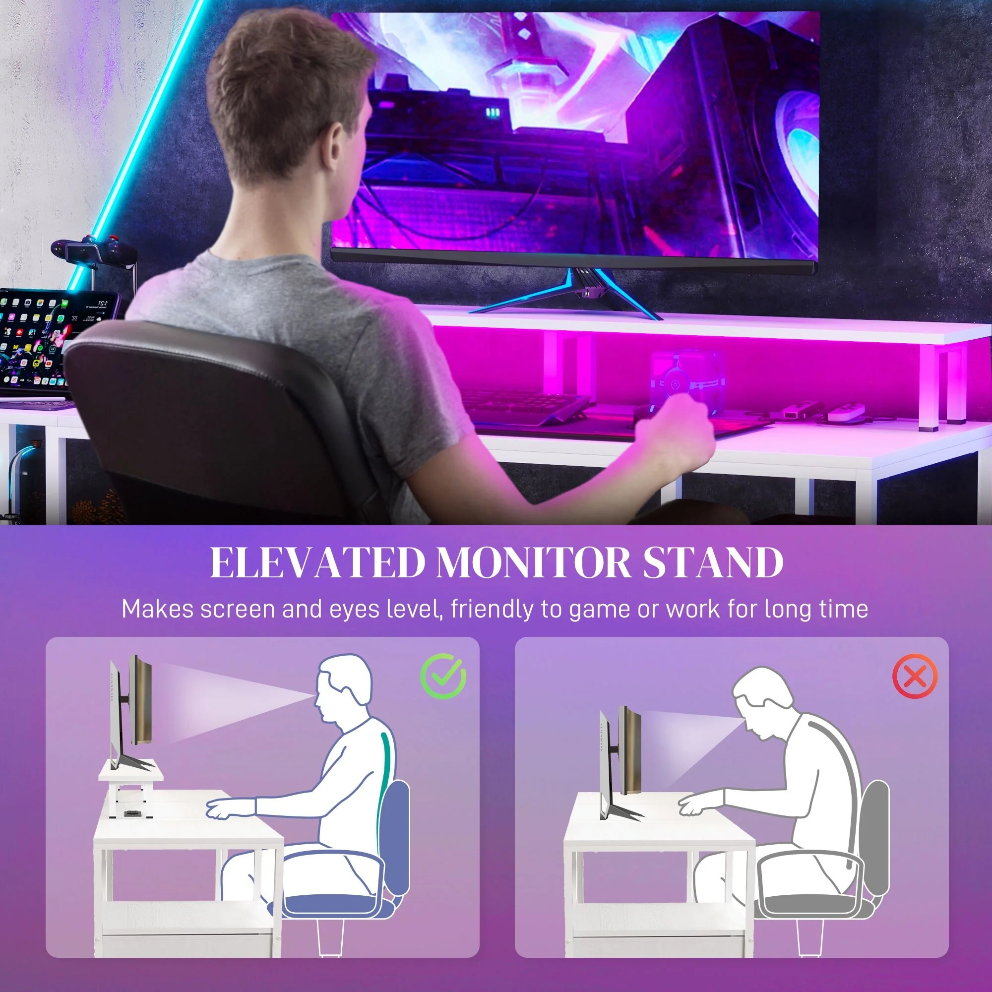 61 Computer Desk with LED Lights, Power Outlets, and USB Ports