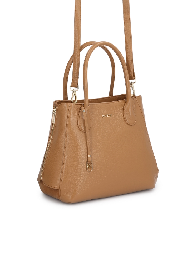 Light brown leather handbag with key ring and expanding locks