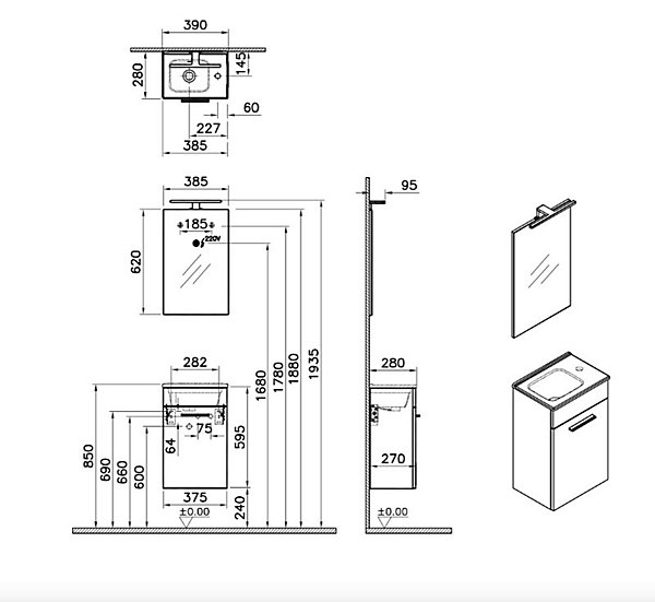 Meuble de salle de bain avec lavabo SAT Delano 60x46 cm noir mat (DELANO60ZCUM)