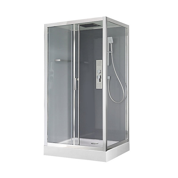 Cabine de douche l.90 x L.110 x H.220 cm – hydromassante, fond gris profilés chromés, GoodHome Beloya