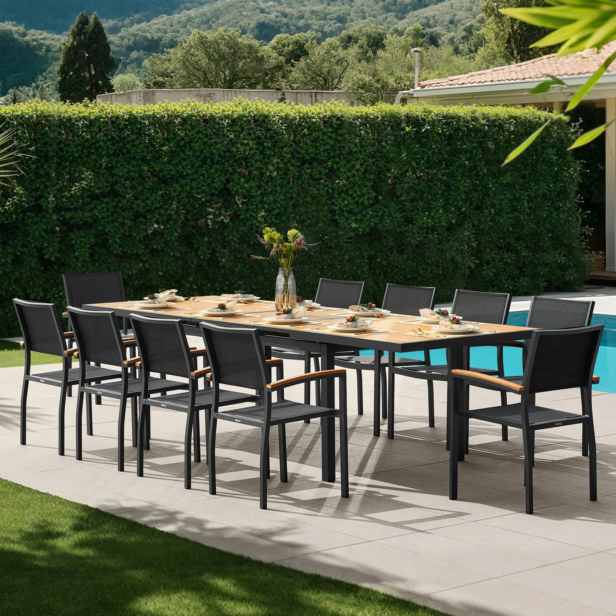HIGOLD - Heck 11-Piece FSC Teak Patio Dining Set for 10 Persons, Extendable Dining Table and 10 Armchairs, Aluminum Frame