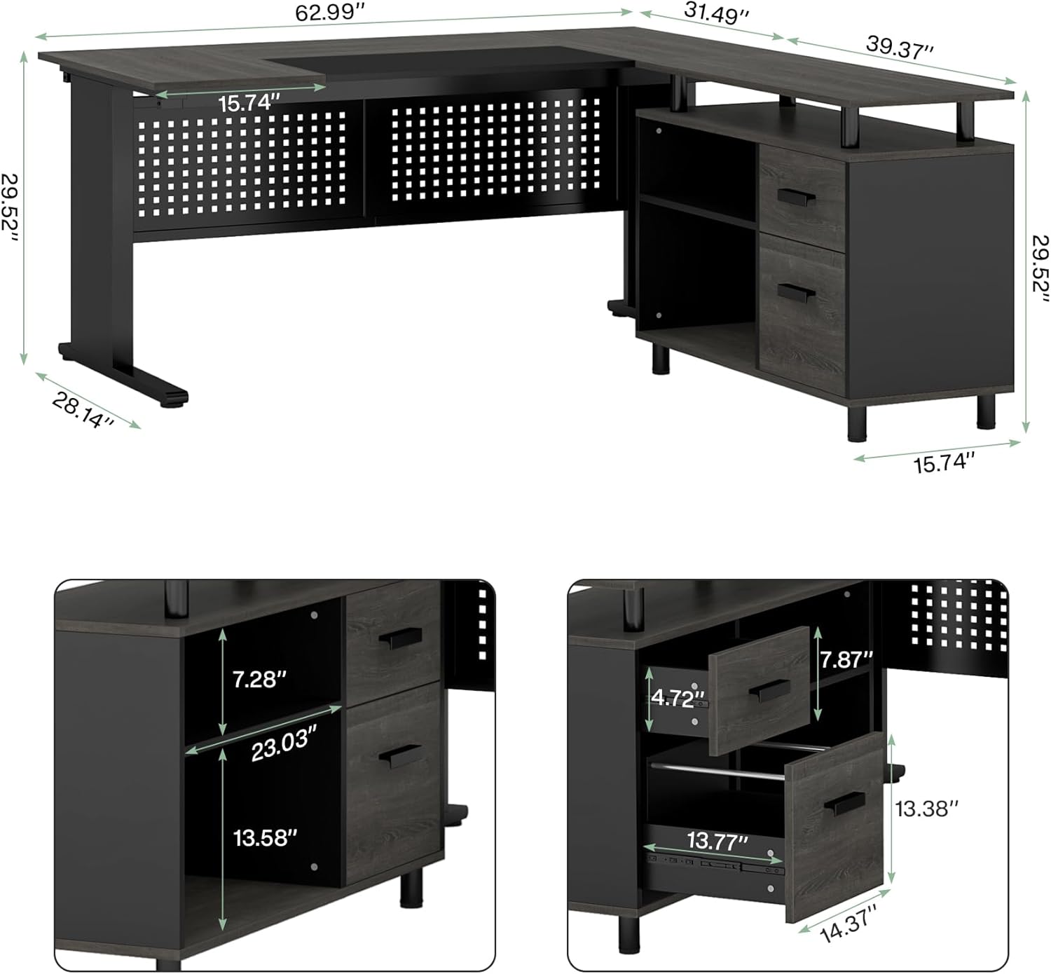 Tribesigns 63 Inch Executive Desk with File Cabinet, L Shaped Office Desk with Drawers and Storage Shelves, Business Furniture Set Workstation for Home Office, Gray and Black