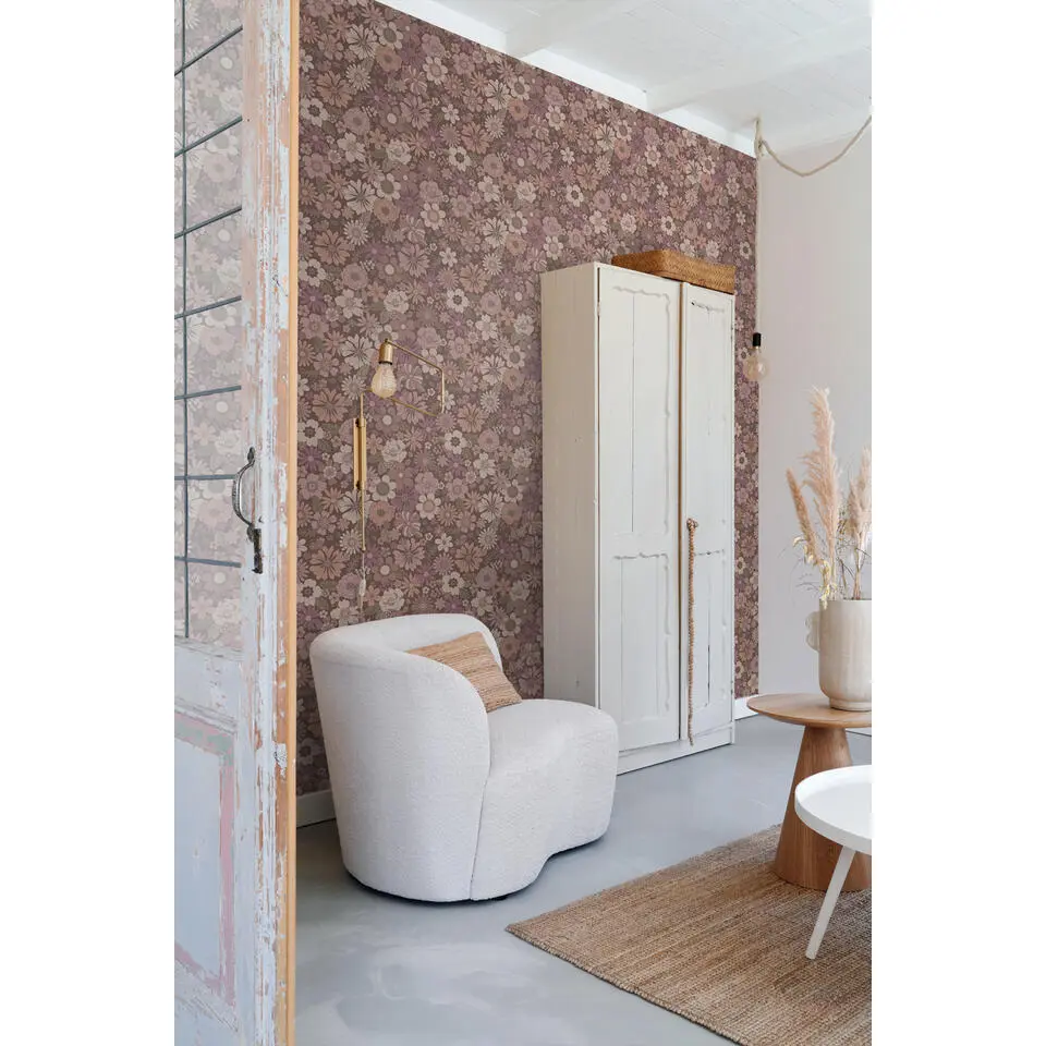 ESTAhome behang retro bloemen oudroze en aubergine paars - 53 cm x 10.05 m