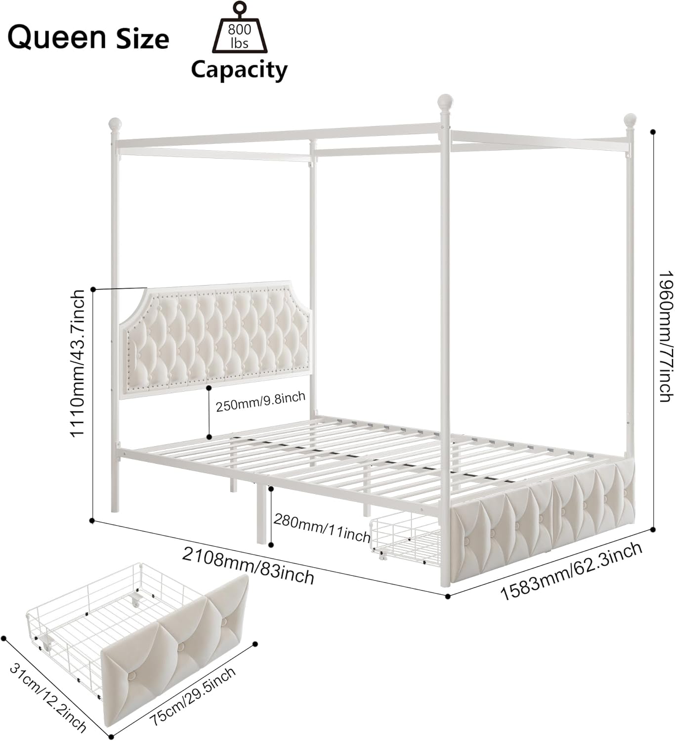 Keyluv Queen Upholstered Canopy Bed Frame with 2 Drawers and Button Tufted Headboard, Metal Platform Bed with 4 Removable Posts Two-Purpose Velvet Bed No Box Spring Needed, Beige/Curtains Not Included