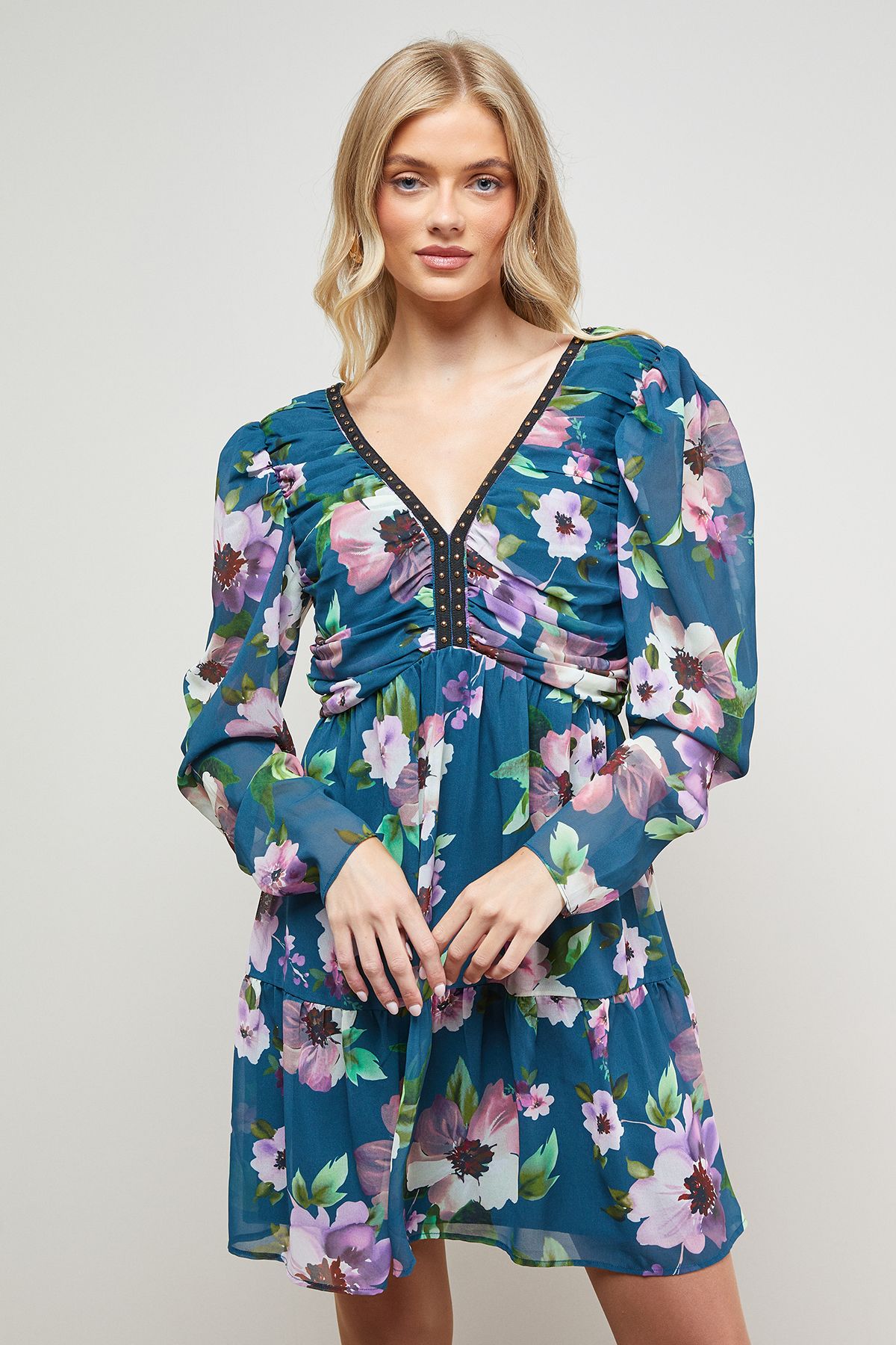Oasis Printed Statement Shoulder Ruched Body Mini Dress
