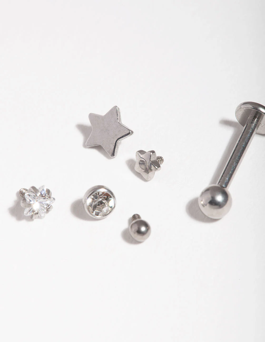 Surgical Steel Single Flat Back Bar & Diamante Star Interchangeable Ends 6-Pack