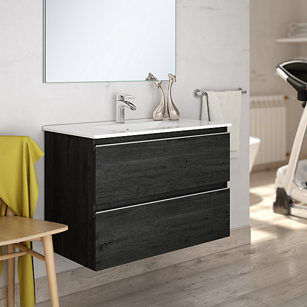 Ensemble meuble de salle de bain 100cm simple vasque   colonne de rangement - BALEA - ebony (bois noir)