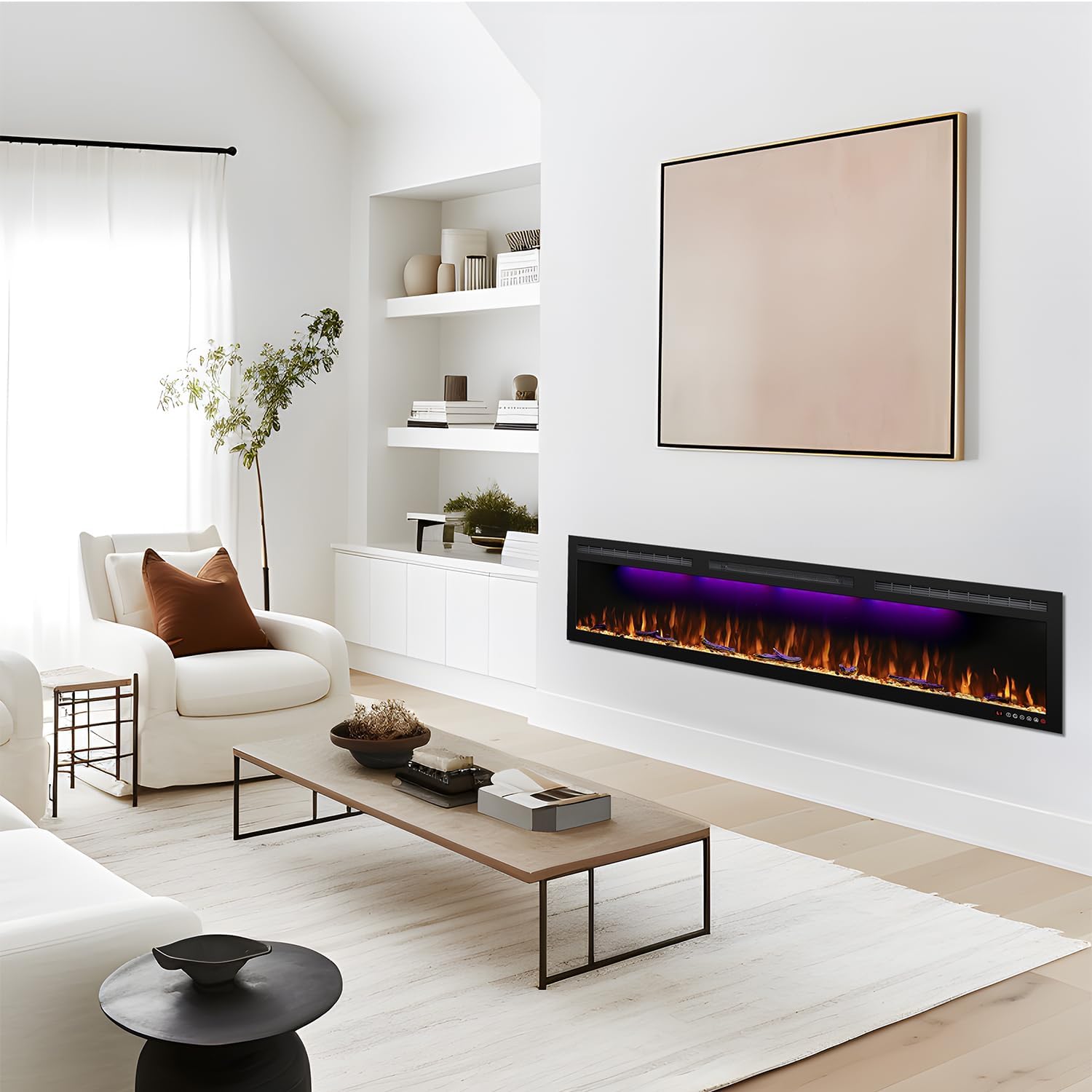 72 Inch Slim Electric Fireplace, Recessed in‑Wall or Wall Mounted, Ultra‑Narrow Frame, Realistic LED Flames with 3 Flame Colors & 3 Top Light Colors, Remote Control, Timer