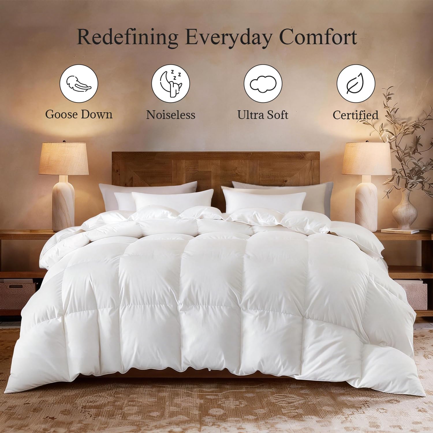 Globon Winter White Goose Down Comforter Queen Size,Down Duvet Insert,800 Fill Power,420 Thread Count Ultra Soft Noiseless Shell with Corner Tabs,White