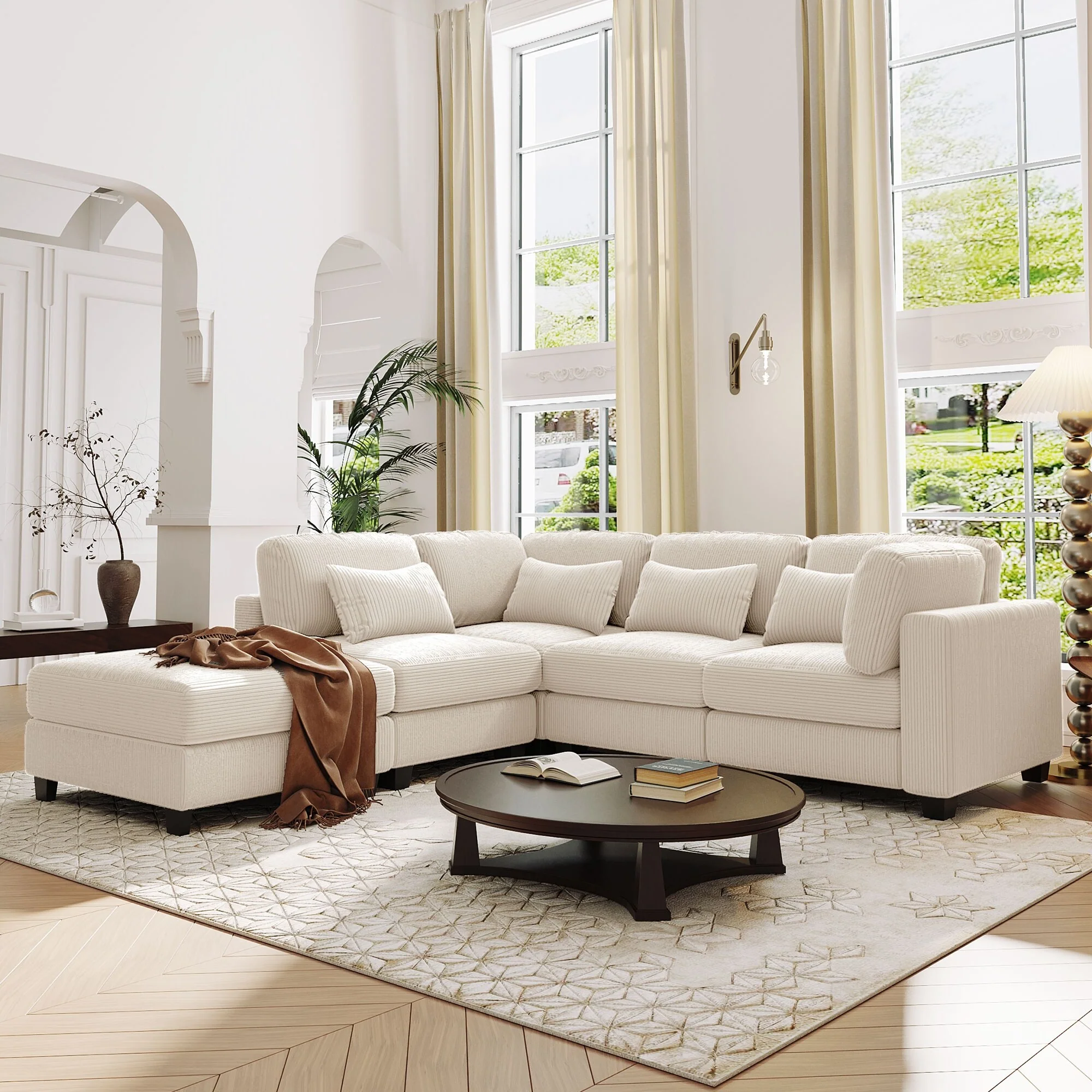 Beige 99.6'' L-Shaped 5-Seat Sectional Sofa with Removable Ottomans, Supportive Lumbar Cushions, and Solid Wood Base