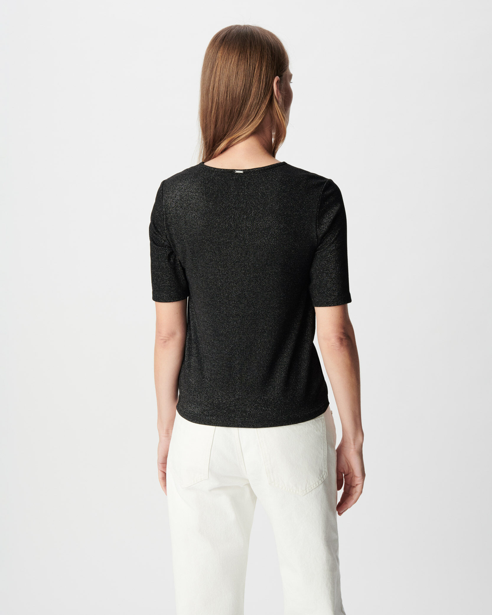 Tee-shirt noir pailleté effet drapé avec noeud Femme