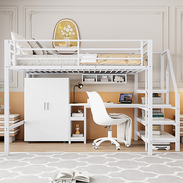 Lit Mezzanine Double 140x200 cm - Avec Bureau et Armoire Intégrés, Escalier avec Rangements - Sans Matelas - Blanc